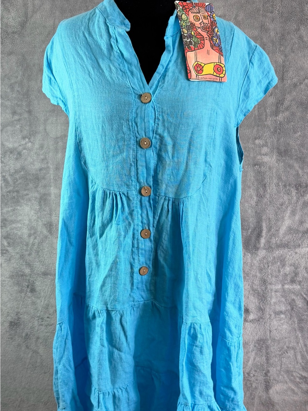 Colette 100 Percent Linen Tiered Tunic Dress Turquoise Blue One Size  Italy